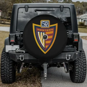 Western Conference MLS shield spare tire cover with camera hole installed on Jeep