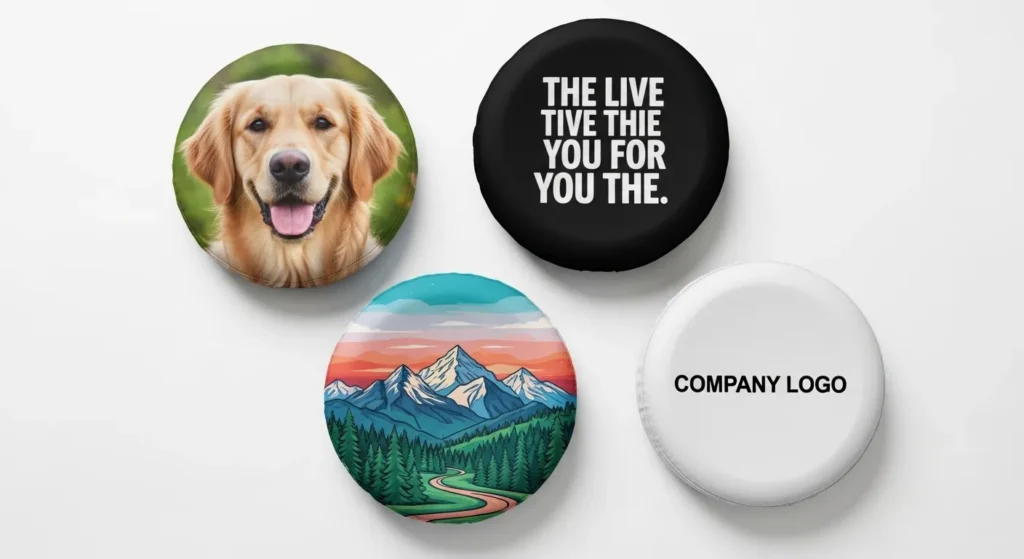 What can you print on a custom spare tire cover showing four content types photo text illustration logo