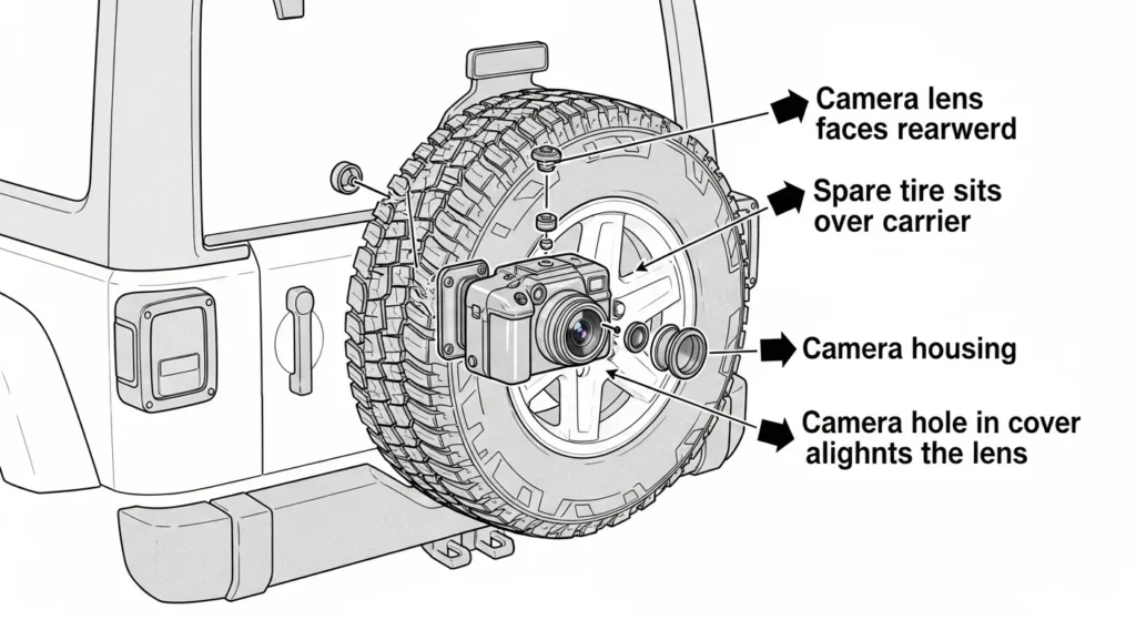 where is backup camera located on jeep wrangler spare tire carrier assembly diagram camera lens rearward
