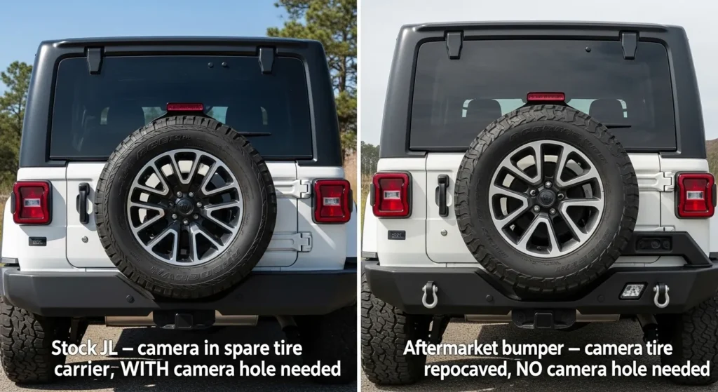 where is backup camera located on jeep wrangler stock spare tire vs aftermarket bumper relocation
