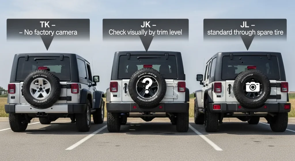 where is backup camera located on jeep wrangler TJ JK JL generation comparison no camera check standard
