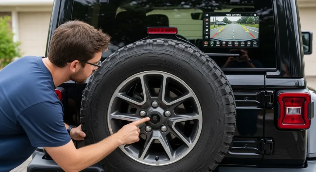 where is backup camera located on jeep wrangler visual check person pointing at camera lens hub area