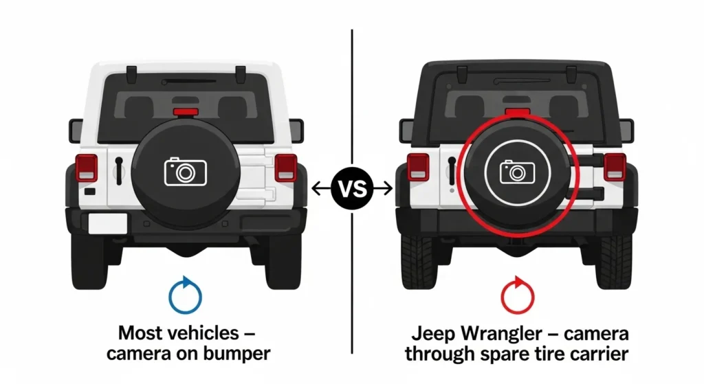 where is backup camera located on jeep wrangler vs other vehicles bumper vs spare tire carrier