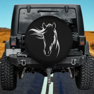 White horse silhouette with flowing mane spare tire cover for Jeep and SUV, no camera hole