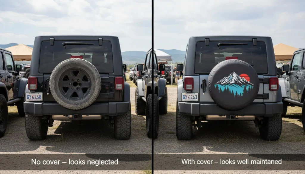 why Jeep owners use spare tire covers bare spare neglected vs covered well maintained appearance