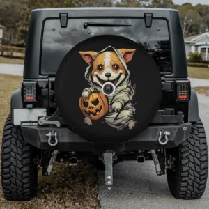 Mummy costume jack-o-lantern corgi Halloween spare tire cover with backup camera hole