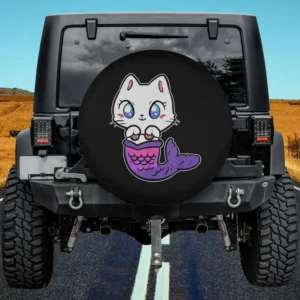 Mermaid tail blue eyed kitten cat spare tire cover on Jeep with no camera hole