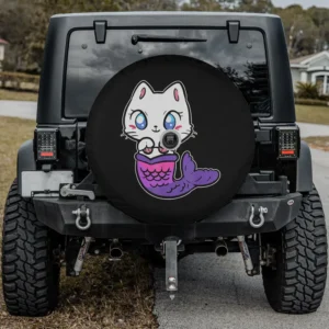 Mermaid tail blue eyed kitten cat spare tire cover for Jeep with camera hole option