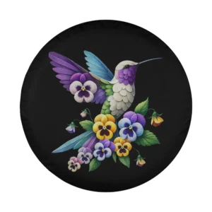 Purple hummingbird and yellow pansy flower gardening design for spare tire cover