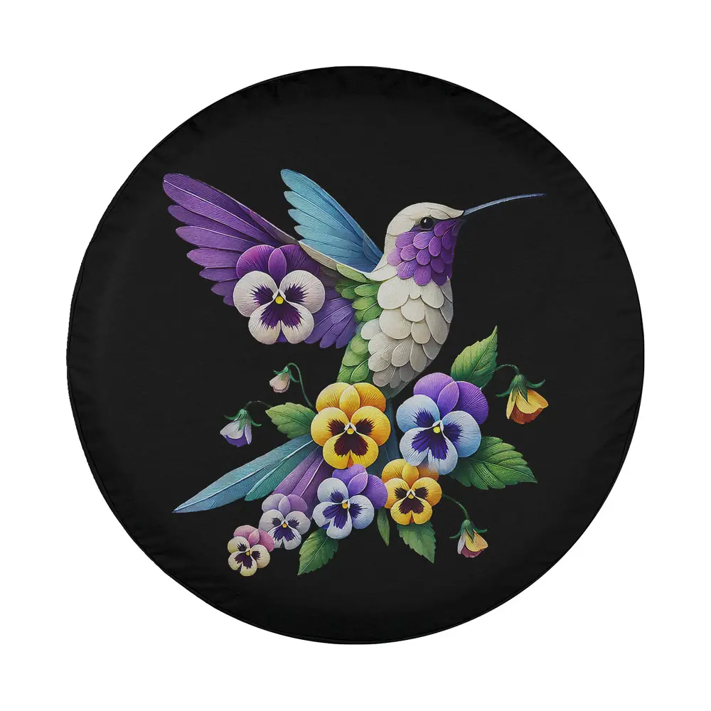 Purple hummingbird and yellow pansy flower gardening design for spare tire cover