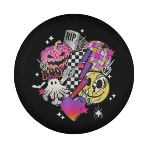 Cartoon pink pumpkin, ghost, checkered lightning bolt Halloween tire cover design