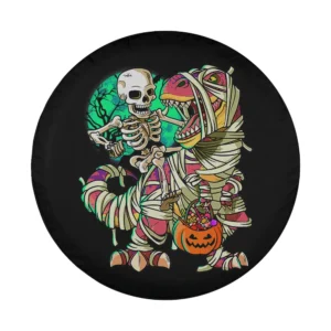 Cartoon skeleton riding mummy dinosaur with moon and pumpkin Halloween tire cover art