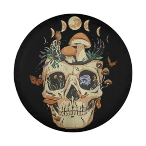 Gothic skull with mushrooms and monarch butterflies Halloween tire cover art