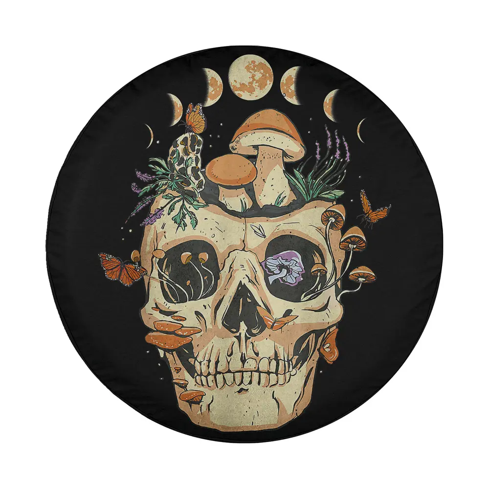 Gothic skull with mushrooms and monarch butterflies Halloween tire cover art