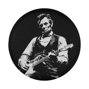 Black and white sketch of Abraham Lincoln playing electric guitar design only