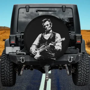 Abraham Lincoln playing electric guitar black and white sketch spare tire cover without camera hole