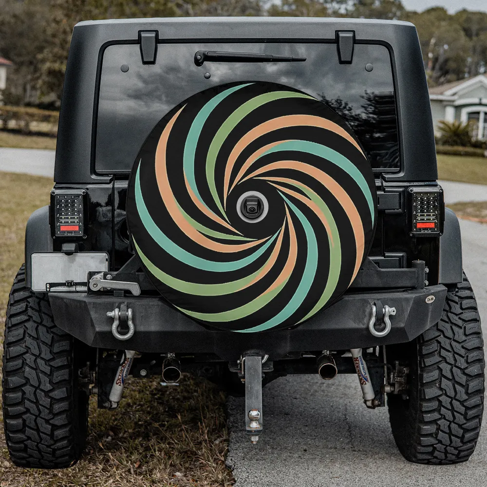 Abstract flow spiral minimalist Jeep Wrangler spare tire cover with backup camera hole