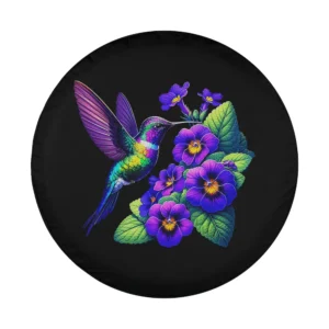Close-up of African violets and hummingbird colorful design on spare tire cover