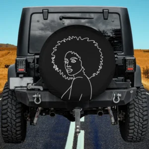 afro woman minimalist line art black queen spare tire cover no camera hole