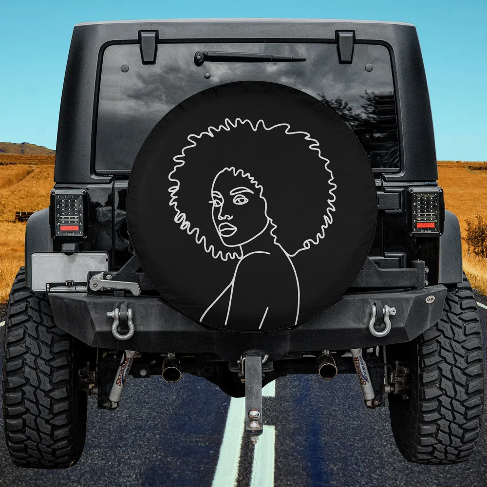 afro woman minimalist line art black queen spare tire cover no camera hole