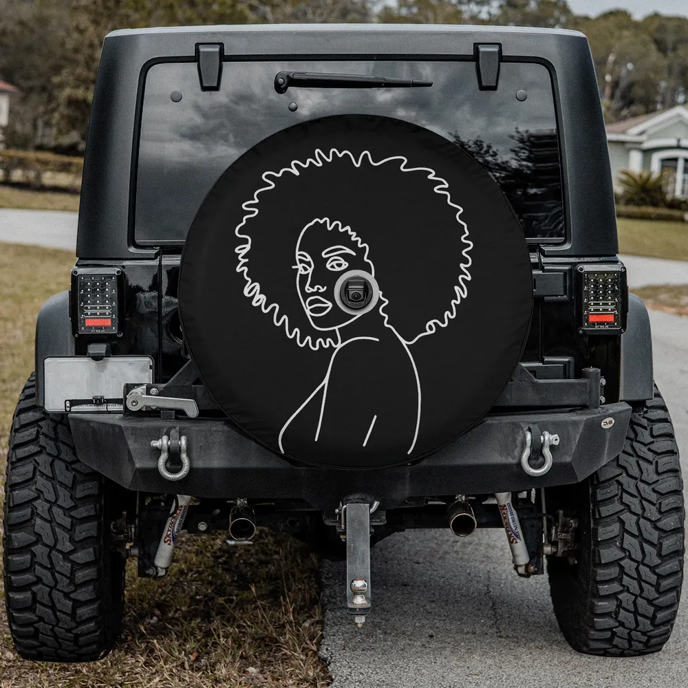 afro woman minimalist line art black queen spare tire cover with camera hole