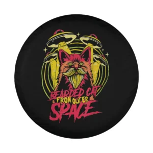 Alien UFO bearded cat neon comic design for custom spare tire cover