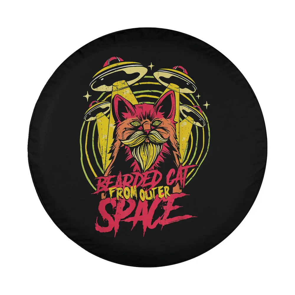 Alien UFO bearded cat neon comic design for custom spare tire cover