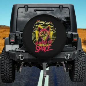 Alien UFO bearded cat neon comic spare tire cover with no camera hole for Jeep or SUV