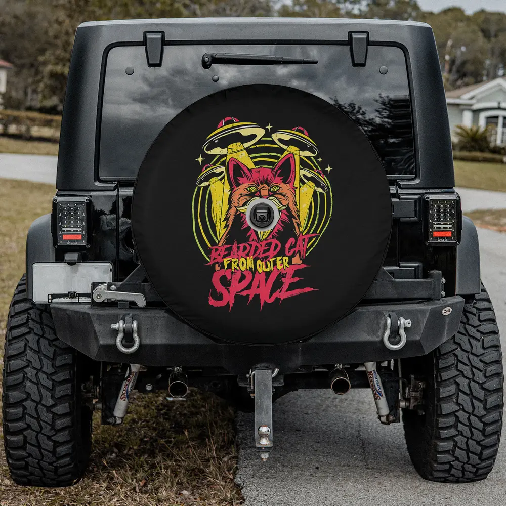 Alien UFO bearded cat neon comic spare tire cover with backup camera hole for Jeep Wrangler