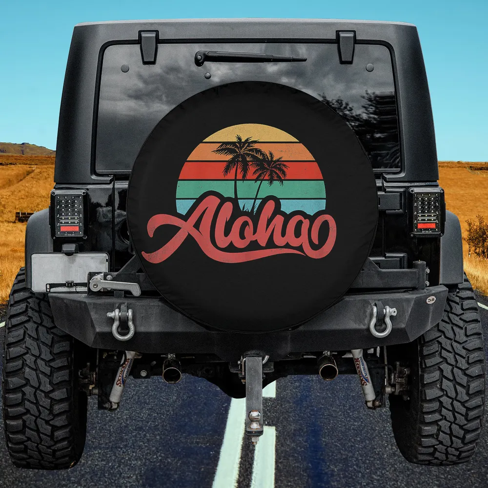 Aloha retro sunset palm Hawaii Jeep spare tire cover with no camera hole