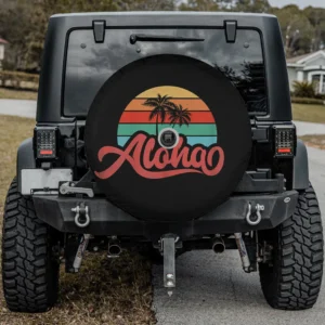 Aloha retro sunset palm Hawaii Jeep spare tire cover with backup camera hole