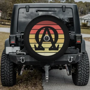 Alpha and Omega symbol retro sunset art spare tire cover with camera hole