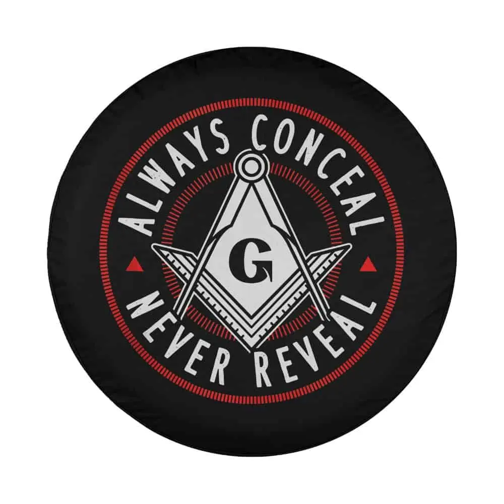 Masonic Square Compasses Always Conceal Never Reveal design closeup spare tire cover
