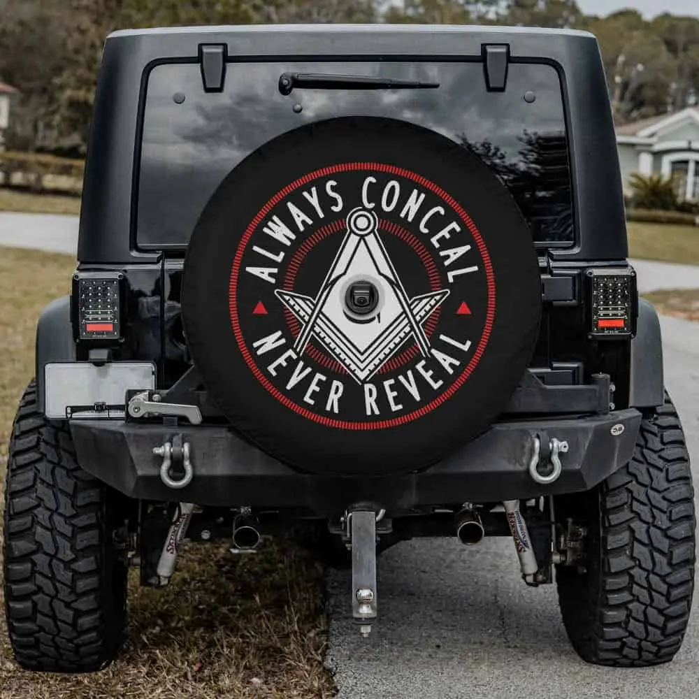 Always Conceal Never Reveal Masonic Square Compasses spare tire cover with camera hole for Ford Bronco