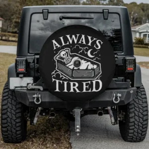 Always tired funny skeleton sleeping in coffin spare tire cover with camera hole