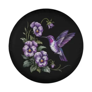 Close-up of Alzheimer’s awareness purple hummingbird and flowers art design on spare tire cover