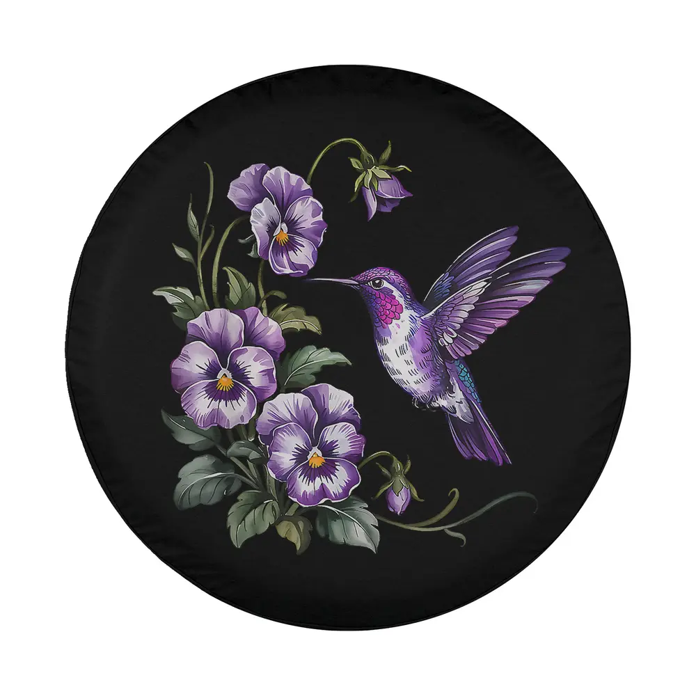 Close-up of Alzheimer’s awareness purple hummingbird and flowers art design on spare tire cover