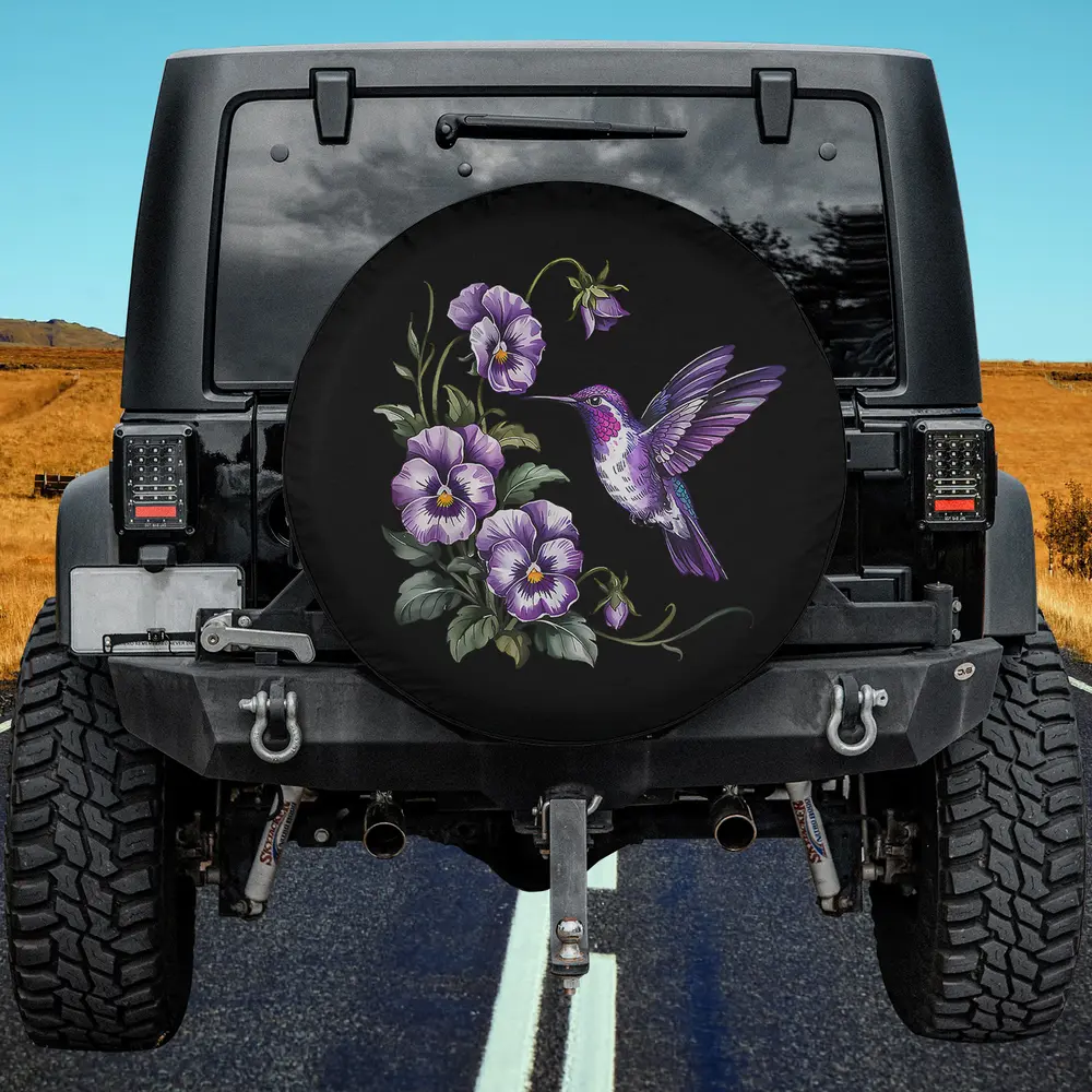 Alzheimer’s awareness purple hummingbird and flowers spare tire cover without camera hole