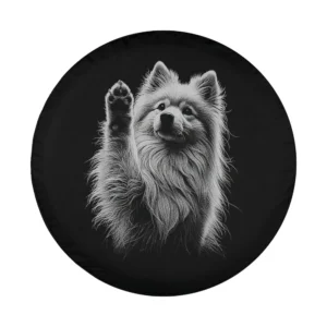 Monochrome American Eskimo dog raising paw illustration spare tire cover
