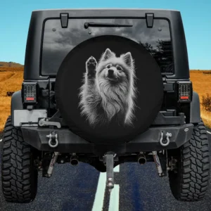 American Eskimo dog raising paw monochrome spare tire cover no camera hole