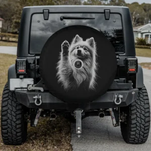American Eskimo dog raising paw monochrome spare tire cover with camera hole