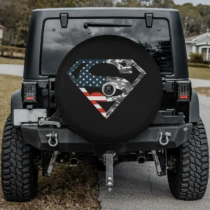 Spare tire cover with American flag camo Superman logo and camera hole