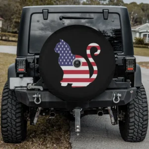 American flag silhouette cat patriotic spare tire cover with backup camera hole