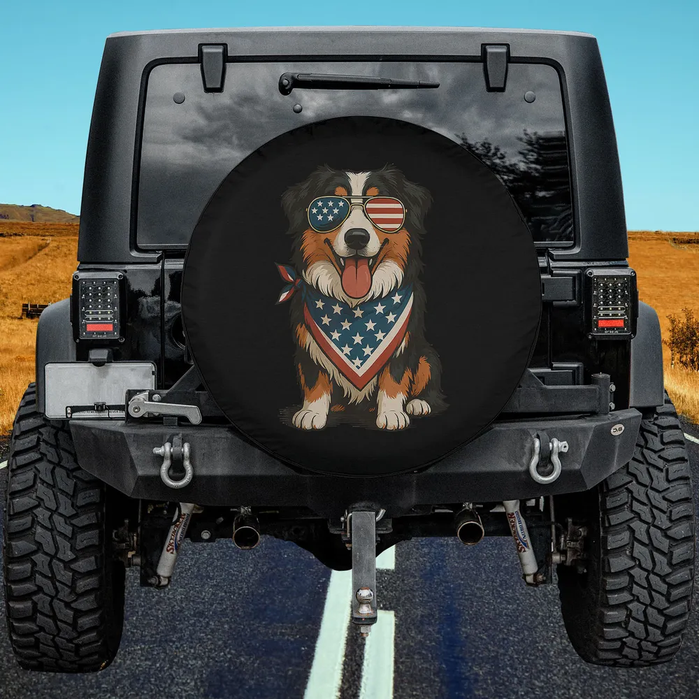 American Flag Sunglasses Bandana Australian Shepherd Spare Tire Cover No Camera Hole