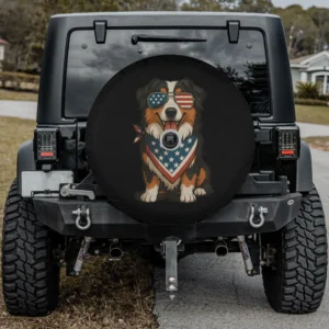 Australian Shepherd dog with patriotic sunglasses and bandana spare tire cover, with camera hole
