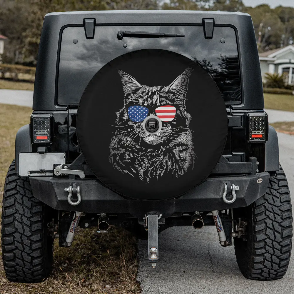 Patriotic cat with American flag sunglasses spare tire cover with camera hole for Jeep SUV