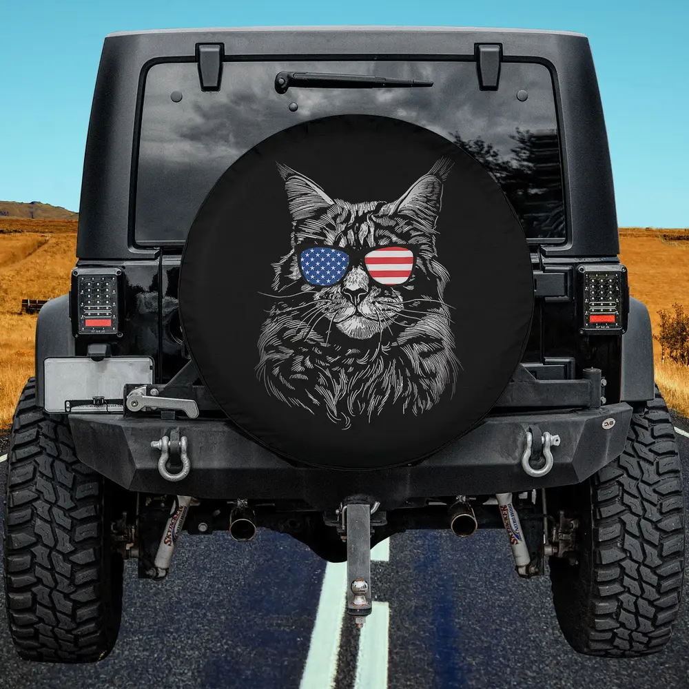 American flag sunglasses cat patriotic spare tire cover on Jeep for 4th of July