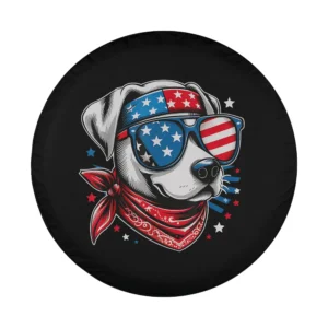 Patriotic dog with American flag sunglasses and red bandana graphic design