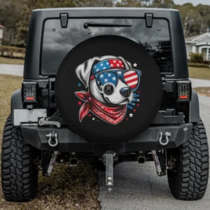 Dog with American flag sunglasses and red bandana spare tire cover, with backup camera hole