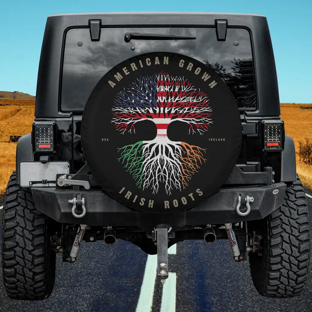 American flag tree with Ireland roots spare tire cover no camera hole for Jeep RV